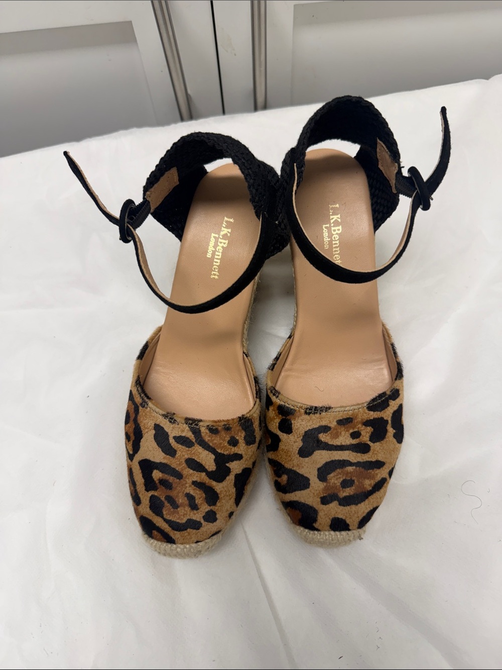 LK Bennett Leopard Espadrille Wedges with Black Ankle Strap